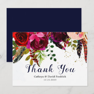 Carte De Remerciements Bold Boho Burgundy Navy Floral Mariage Flat