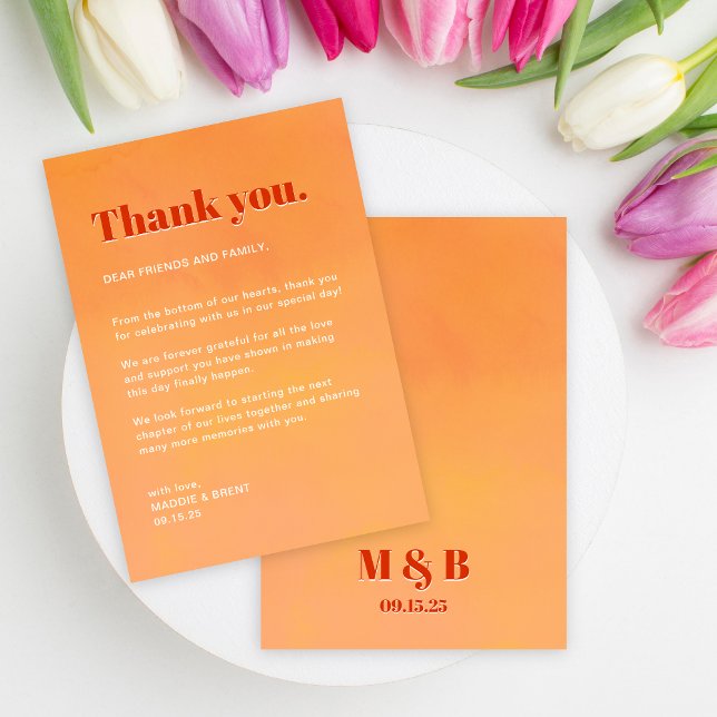 Carte De Remerciements Bold Fun Modern Orange Sunset Monogram Wedding (Créateur téléchargé)