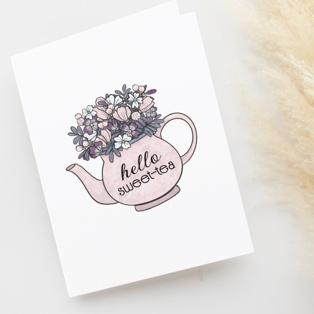 Carte De Remerciements Bonjour Sweetie Teapot avec Fleurs Blank (Créateur téléchargé)