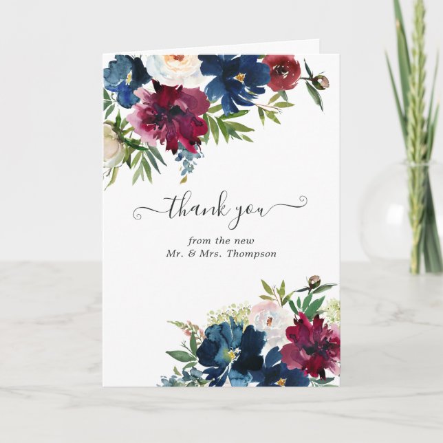 Carte De Remerciements Bordo et marine aquarelle Mariage floral photo (Devant)