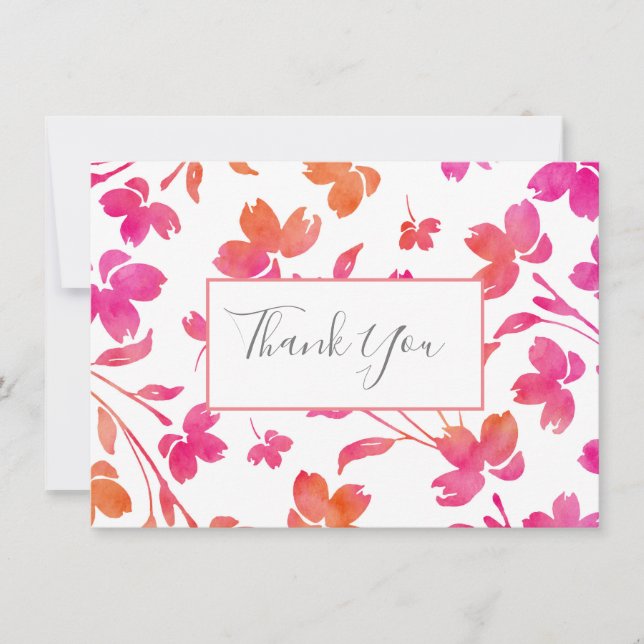 Carte De Remerciements Bords de fleurs d'aquarelle rose et orange chauds (Devant)