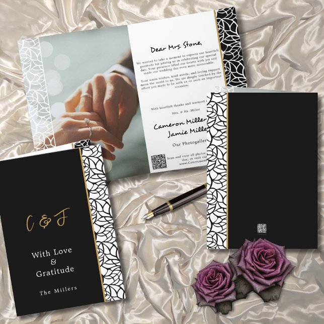 Carte De Remerciements Bordure de feuillage Mariage noir blanc plié (Foliage Border Black White Wedding Folded Thank You Card)