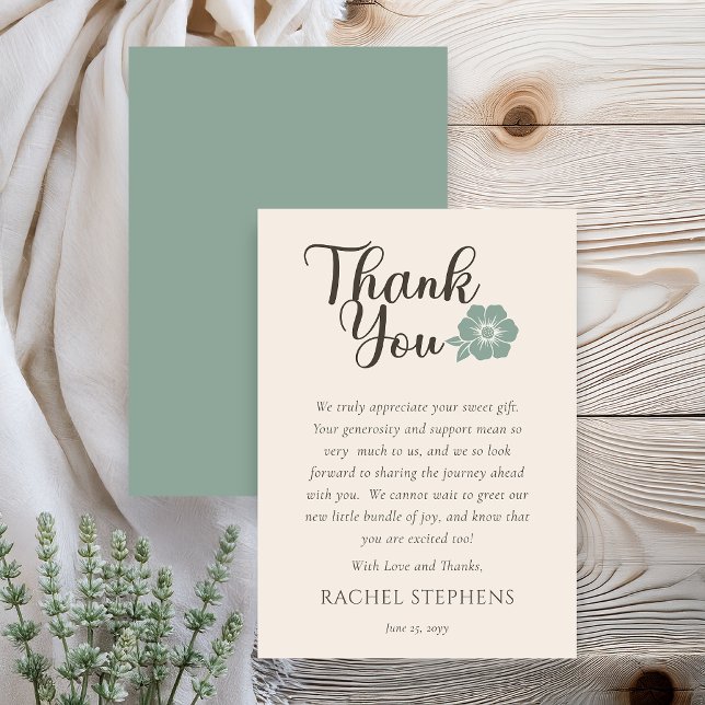 Carte De Remerciements Botanical Baby Shower Thank You Card Sage (Elegant botanical baby shower thank you card with sage green floral accent on neutral background)
