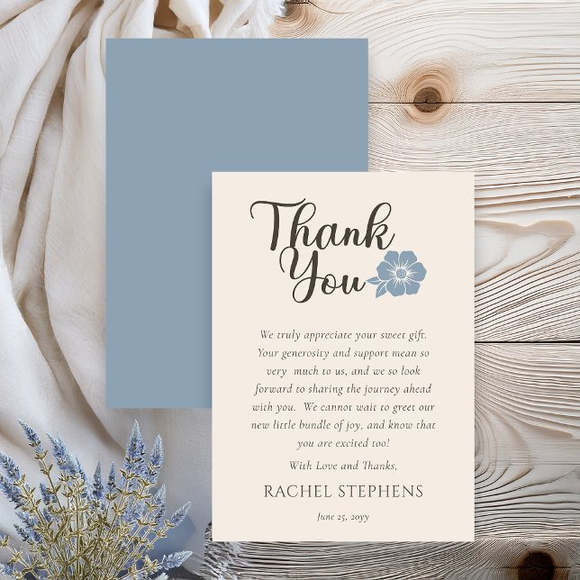 Carte De Remerciements Botanical Baby Shower Thank You Card Sage Blue (Elegant botanical baby shower thank you card with blue sage floral accent on neutral background)