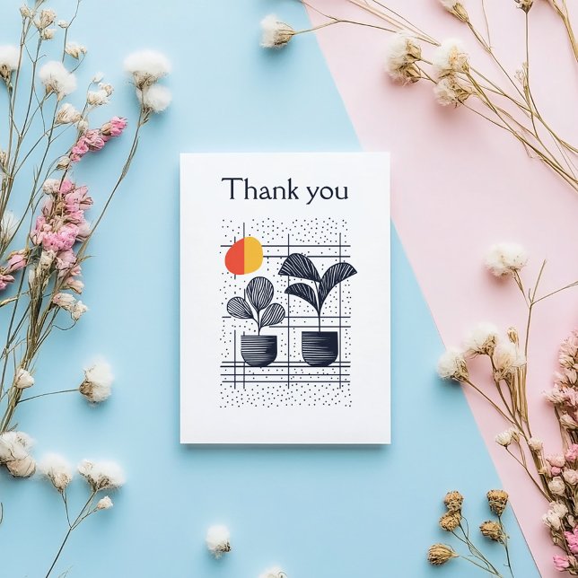 Carte de remerciements botanique Abstrait moderne (Modern thank you card featuring bold navy botanical illustrations and minimalist patterns.)