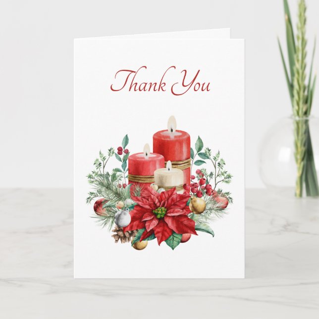 Carte De Remerciements Bougies aquarelles et Noël de Poinsettia (Devant)