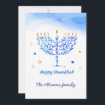 Carte De Remerciements Bougies Menorah Bleues et blanches avec souhaits H<br><div class="desc">Un élégant design bleu et blanc avec des bougies Menorah et un message Happy Hanoukka pour vos proches.</div>