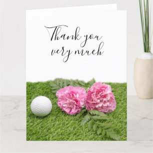 Carte De Remerciements Boule de golf avec fleurs Carnation rose sur vert