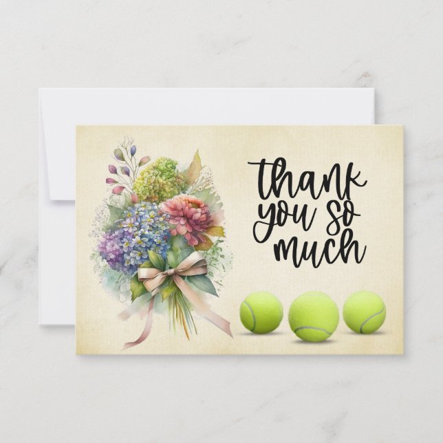 Carte De Remerciements Boule de tennis avec bouquet de fleurs du joueur (Devant)