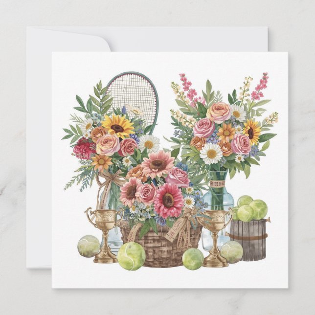 Carte De Remerciements Boule de tennis avec fleurs du joueur de tennis (Devant)