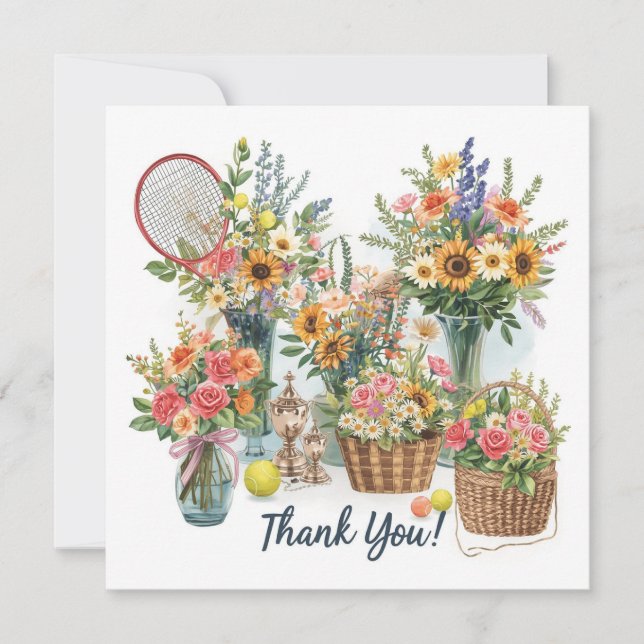 Carte De Remerciements Boule de tennis avec fleurs du joueur de tennis (Devant)