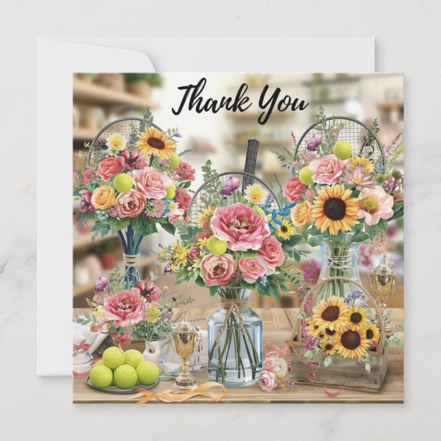 Carte De Remerciements Boule de tennis avec fleurs du joueur de tennis (Devant)