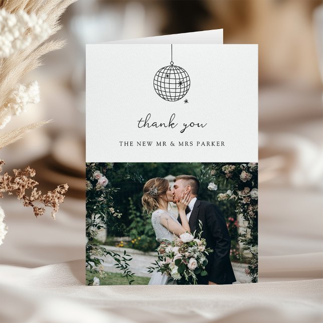 Carte De Remerciements Boule Disco Minimale | Photo Mariage noir et blanc (Créateur téléchargé)