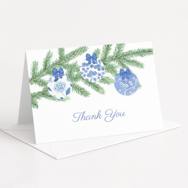 Carte De Remerciements Boules de Noël Bleu Classique Blanc Mariage (Blue and white chinoiserie baubles holiday theme thank you card)