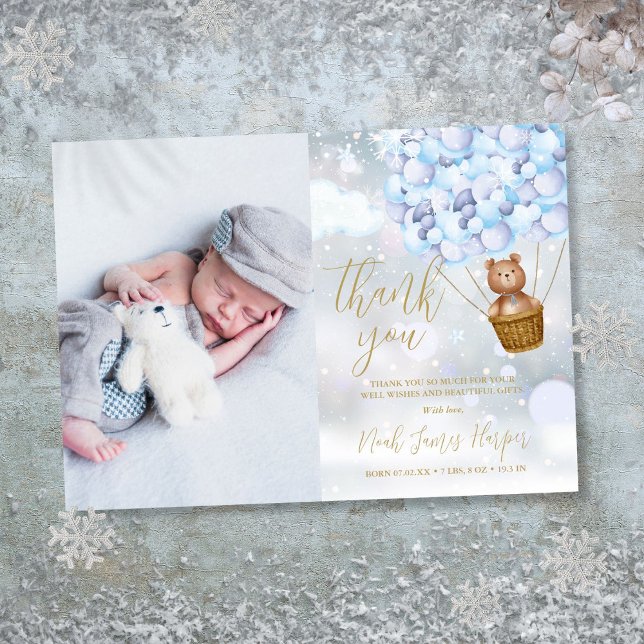 Carte De Remerciements Boulons Bleus Et Ours Bleus Photo Bébé Hiver (Cute Bear And Blue Balloons Winter Baby Photo Thank You Card)