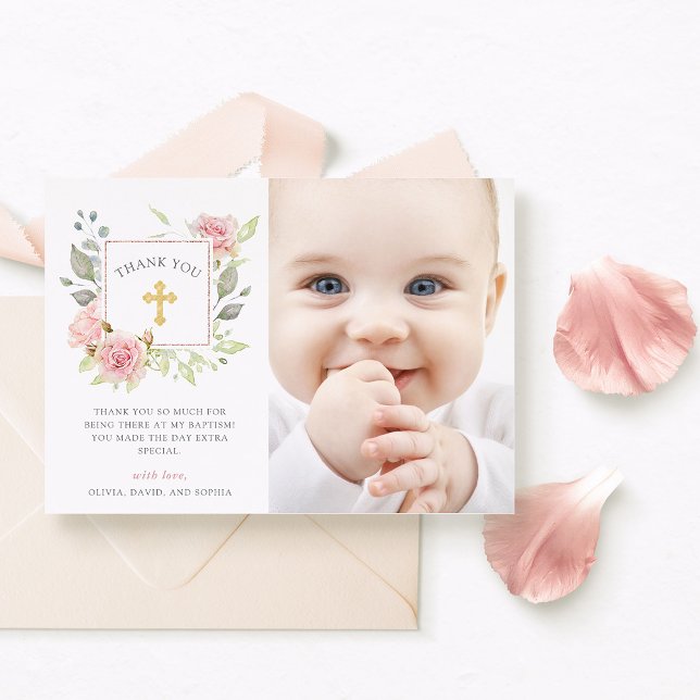 Carte De Remerciements Bountiful Rose Élégant rose floral Baptism photo (Créateur téléchargé)