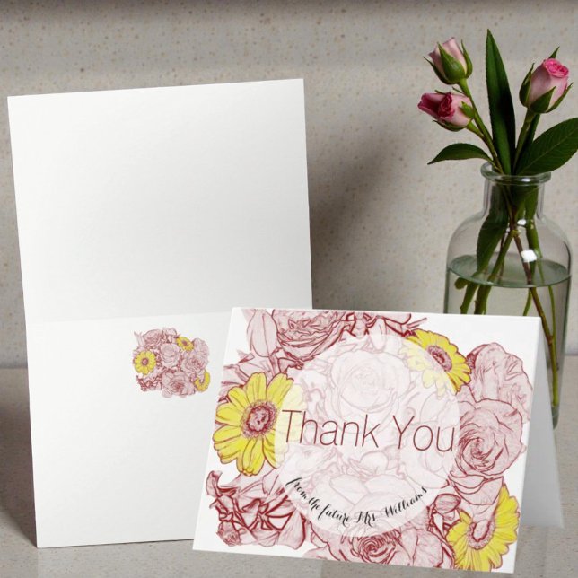 Carte De Remerciements Bouquet en fleurs Rose Terra Cotta (Flora front cover template note card and inside)