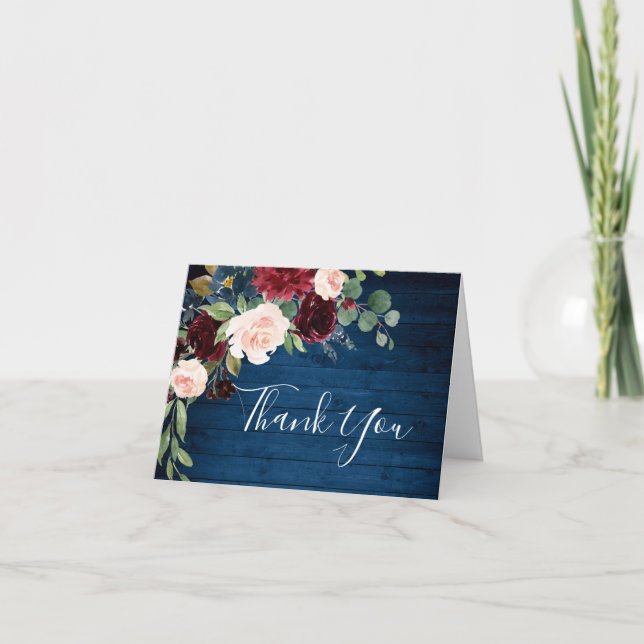 Carte De Remerciements Bourgogne Bleu Nuit Blush Floral Boho (Devant)