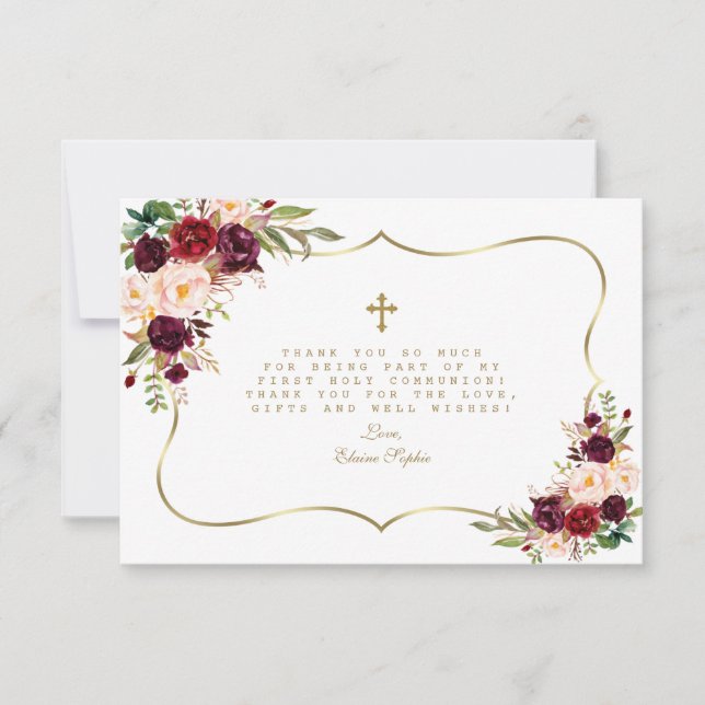 Carte De Remerciements Bourgogne Blush Floral Gold Cross Holy Communion (Devant)