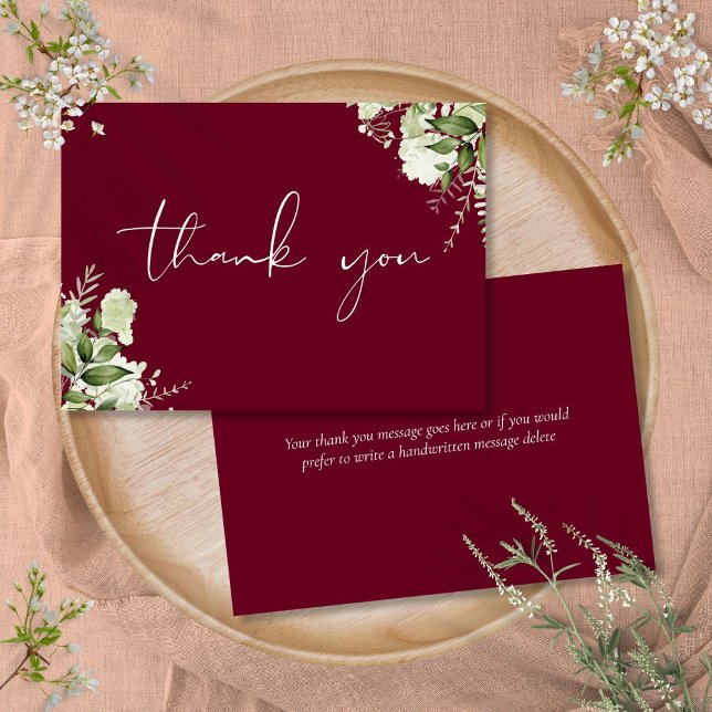 Carte De Remerciements Bourgogne Botanique Verdure Élégant Script (Burgundy Botanical Greenery Elegant Script Thank You Card)
