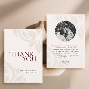 Carte De Remerciements Bourgogne Crème Élégant Chic Damassé Photo Mariage