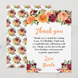 Carte De Remerciements Bourgogne d'automne et fleurs d'orange pour un ann