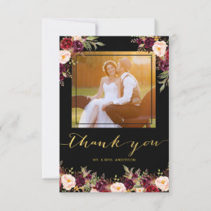 Carte De Remerciements Bourgogne Floral Or Noir Photo Mariage Remerciemen