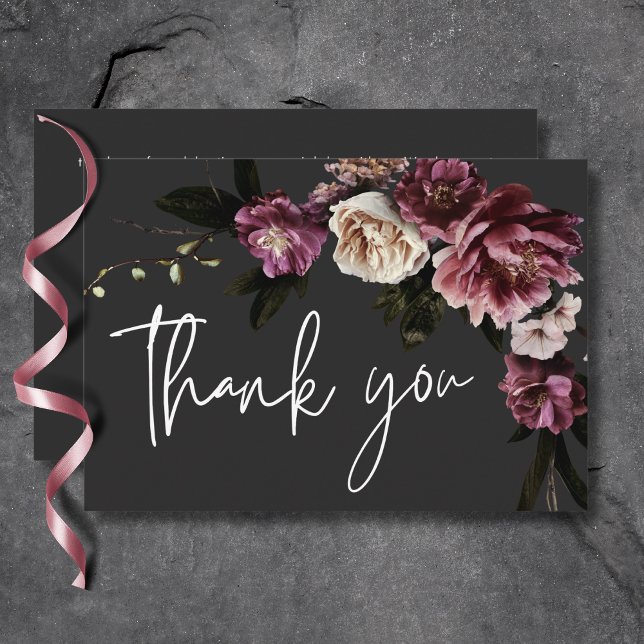 Carte De Remerciements Bourgogne moderne et pivoines de crème Floral Noir (Modern Burgundy & Cream Peonies Floral Black Thank You Card)