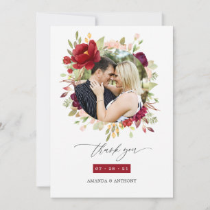 Carte De Remerciements Bourgogne - Photo de mariage floral Marsala et ros