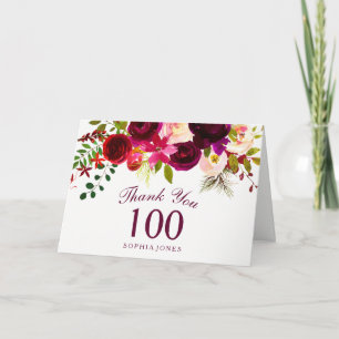 Carte De Remerciements Bourgogne Rouge Floral Boho 100e anniversaire Merc