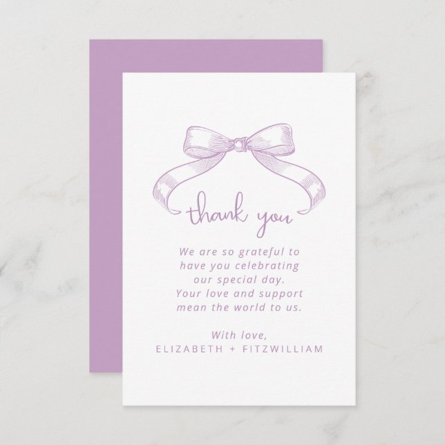 Carte De Remerciements Bow à croquis romantique | Mariage Lilac (Devant / Derrière)