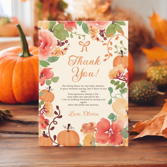 Carte De Remerciements Bow Boho citrouille baby shower à crème florale (Fall Bow Boho pumpkin floral cream baby shower Thank You Card)