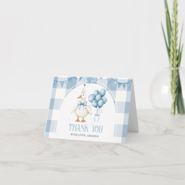 Carte De Remerciements Bow One Silly Goose 1st Birthday Blue Gingham (Devant)