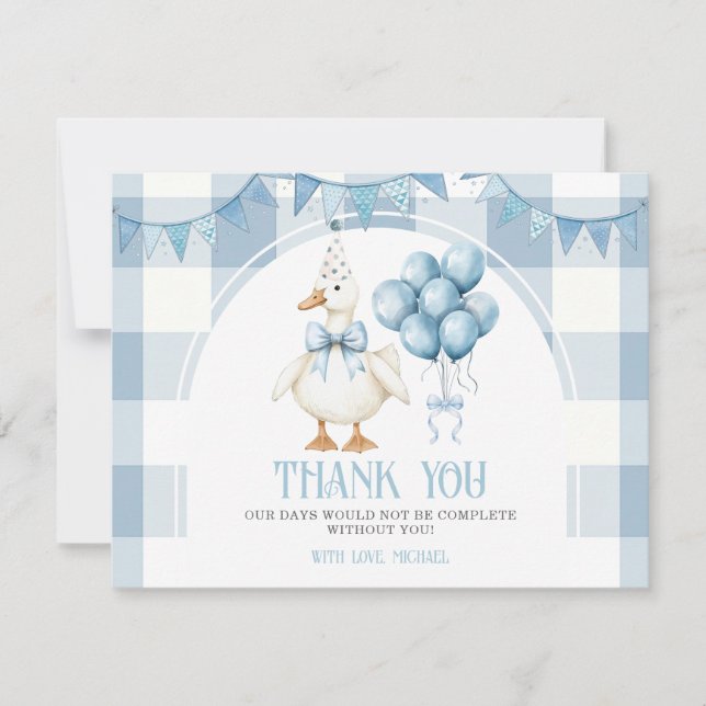 Carte De Remerciements Bow One Silly Goose 1st Birthday Blue Gingham (Devant)