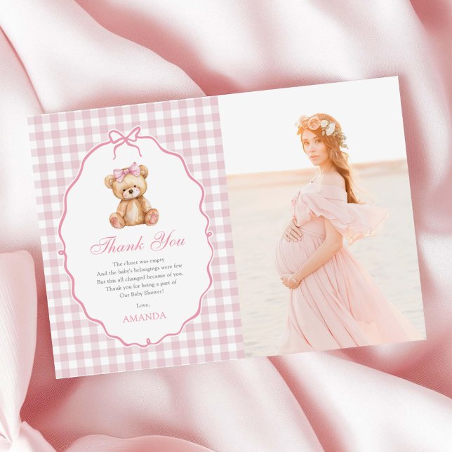 Carte De Remerciements Bow rose En vichy Teddy Bear Baby shower Photo (Créateur téléchargé)