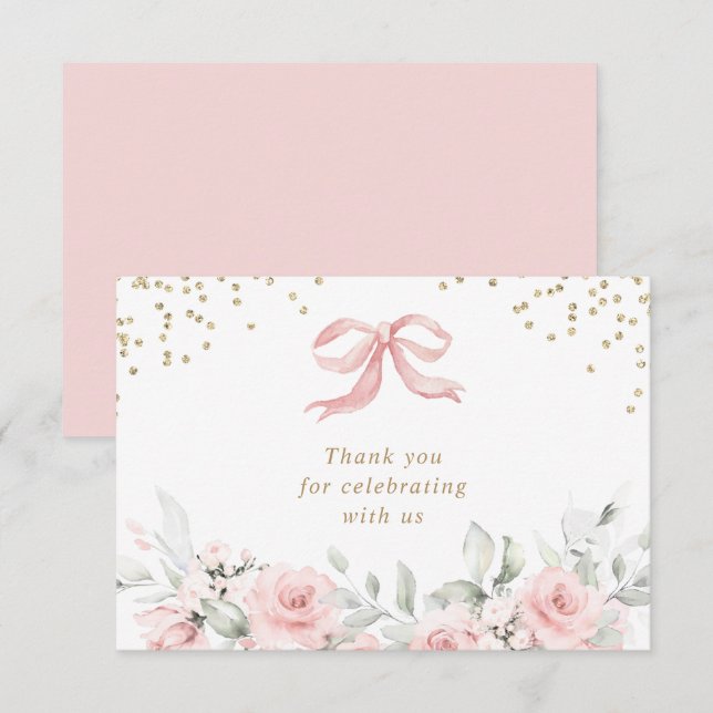 Carte De Remerciements Bow rose Floral Blush Gold Baby shower (Devant / Derrière)