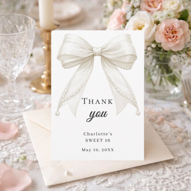 Carte De Remerciements Bow Sweet 16 blanc perles d'ivoire (Créateur téléchargé)