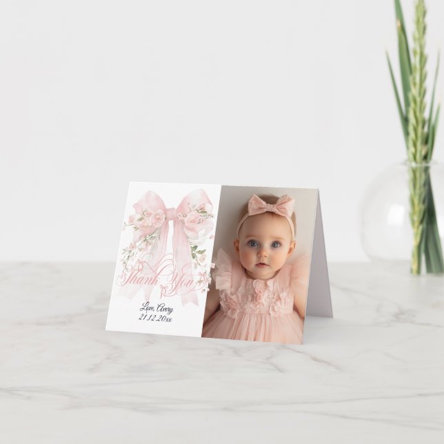 Carte De Remerciements Bowtiful One Photo 1er Anniversaire Floral Bow Gir (Devant)