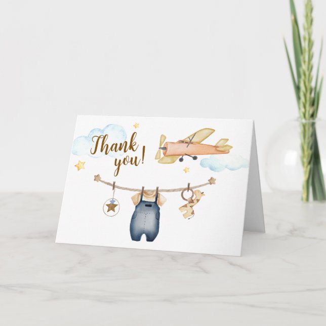 Carte De Remerciements Boy Adventure Clothesline Airplane Sky Baby Shower (Devant)
