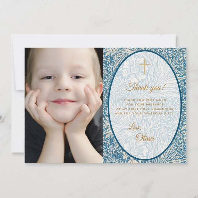Carte De Remerciements Boy First Communion Blue Floral Gold Photo (Devant)