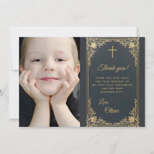 Carte De Remerciements Boy First Communion Vintage Blue Gold Photo