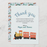 Carte De Remerciements Boys Cute Train Travel Thank You<br><div class="desc">This cute and trendy boys baby shower or 1st birthday thank you card design features a train, with a matching pattern on the back with train travel illustrations, with greenery and tracks. The thank you card can be personalized with the parent's (or child's) names. The perfect transport themed addition to...</div>