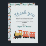 Carte De Remerciements Boys Cute Train Travel Thank You<br><div class="desc">This cute and trendy boys baby shower or 1st birthday thank you card design features a train, with a matching pattern on the back with train travel illustrations, with greenery and tracks. The thank you card can be personalized with the parent's (or child's) names. The perfect transport themed addition to...</div>