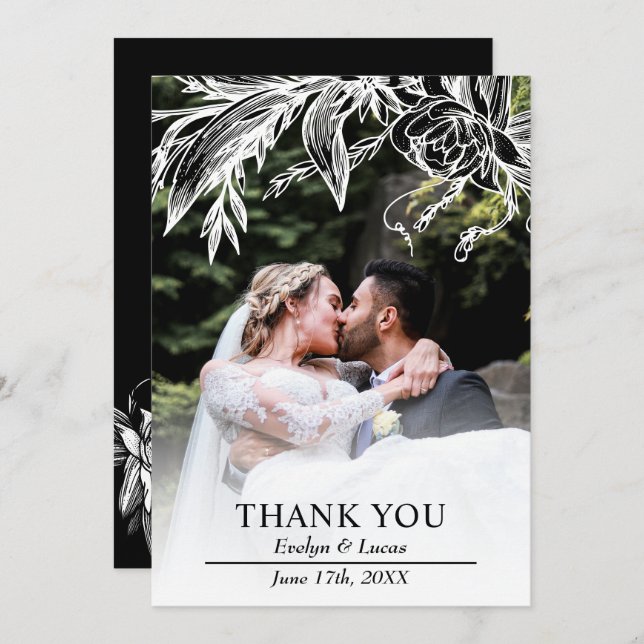 Carte De Remerciements Branche avec fleurs noires et blanches photo maria (Devant / Derrière)