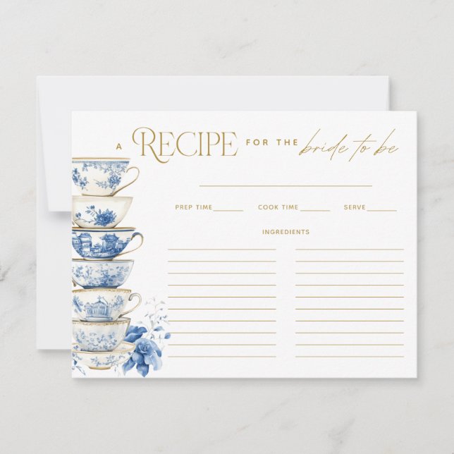 Carte De Remerciements Bridal Tea Party Chinoiserie Blue Recipe Card (Devant)