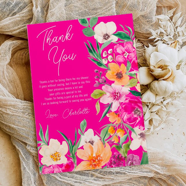 Carte De Remerciements Bright bold fleurs sauvages script douche de marié (Bright bold wild flowers script bridal shower thank you card on neon pink)