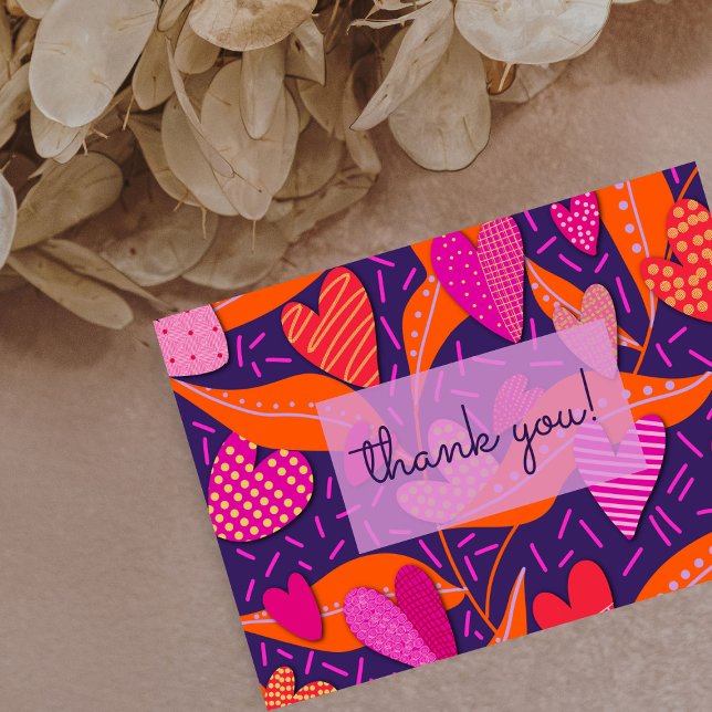 Carte De Remerciements Bright Pink Hearts Motif Business (Vibrant floral pattern Thank You card for any occasion.)