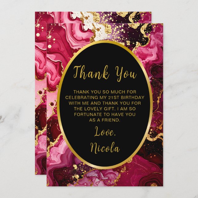 Carte De Remerciements Bright Red and Gold Marble Agate Birthday Party (Devant / Derrière)
