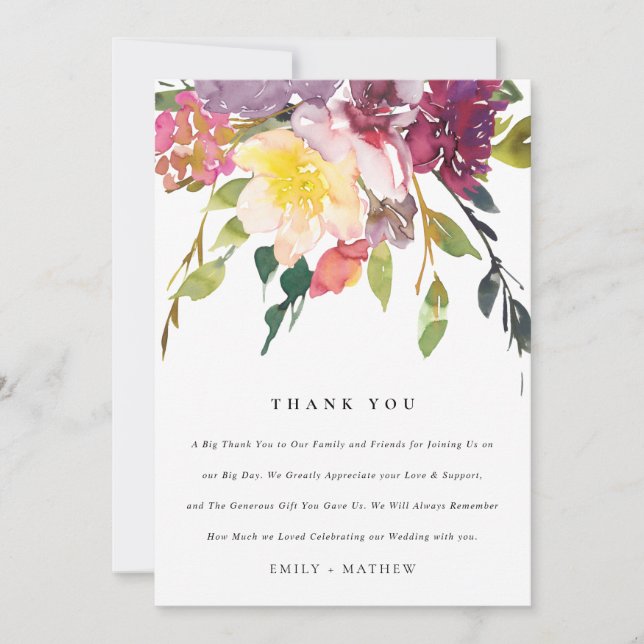 CARTE DE REMERCIEMENTS BRIGHT YELLOW BLUSH BURGUNDY FLORAL BUNCH WEDDING (Devant)