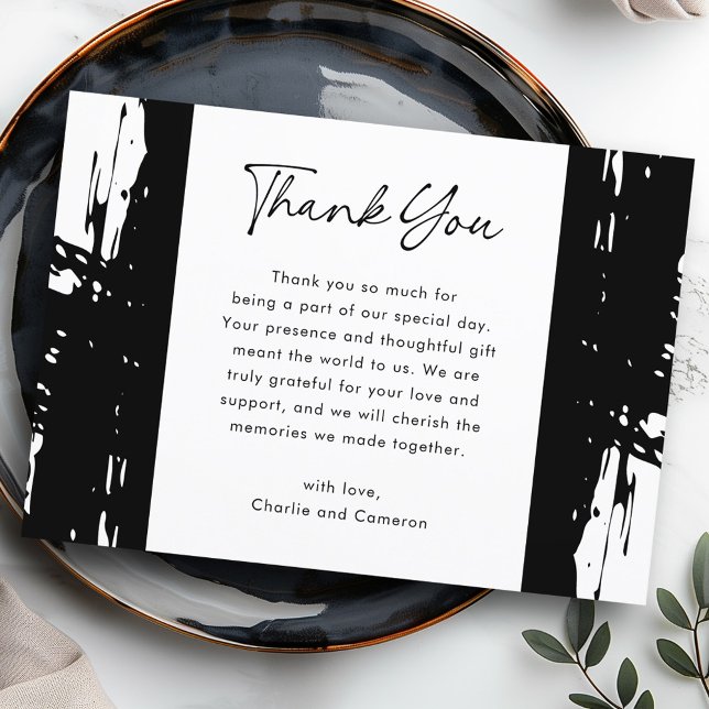 Carte De Remerciements Brosse noire désordonnée touches mariage photo mod (Black messy brushstrokes modern photo wedding thank you card)
